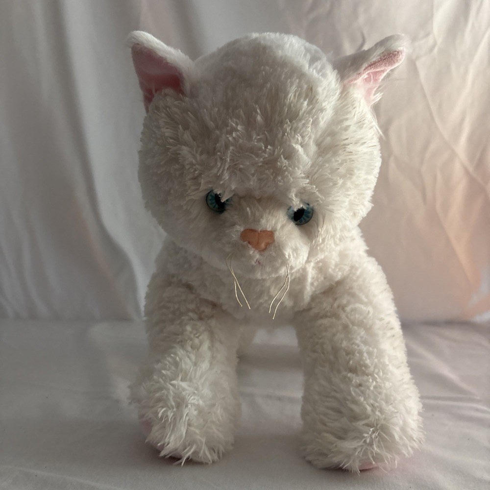 Build A Bear White Kitty Cat Plush 16" Blue Eyes Pink Paws BABW Stuffed Animal